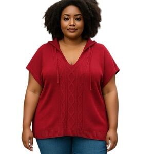 NWT Lane Bryant 26/28 W Red Short Sleeve Hooded Cable Knit Sweater Plus Size